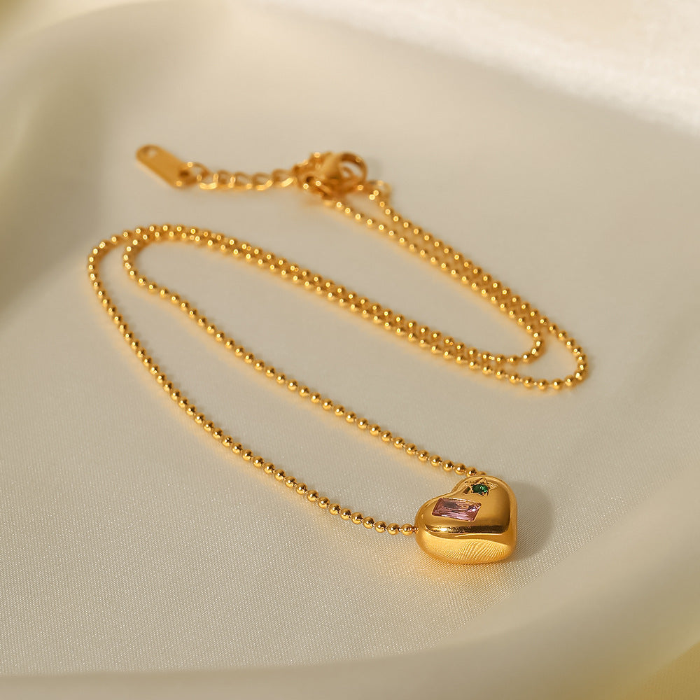 Gold Bead Chain With Zirconium Heart Shaped Pendant  Necklace