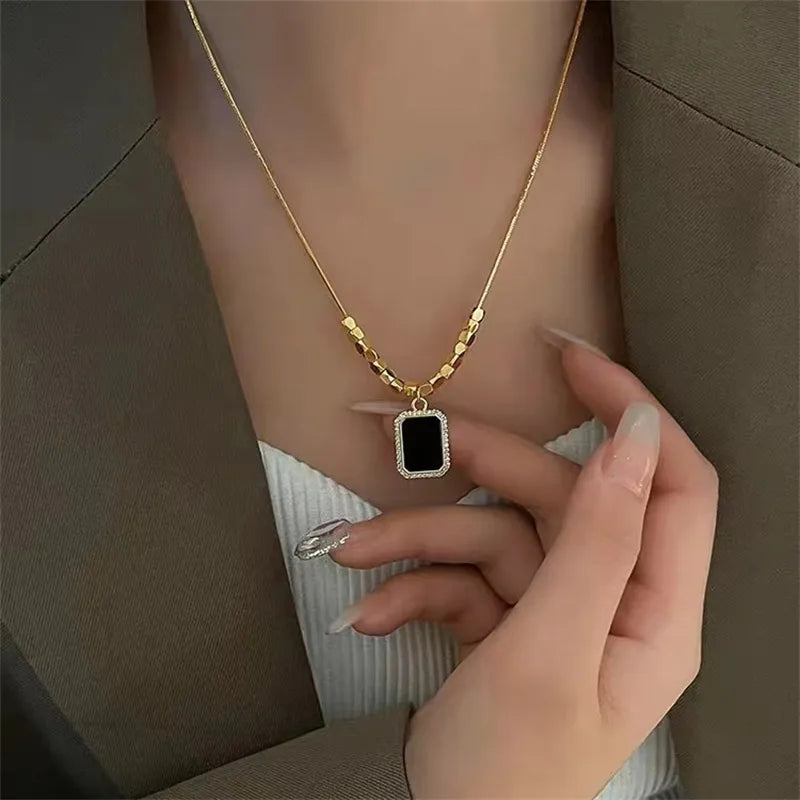 Stainless Steel  Inlaid Zircon Square  Choker Necklace