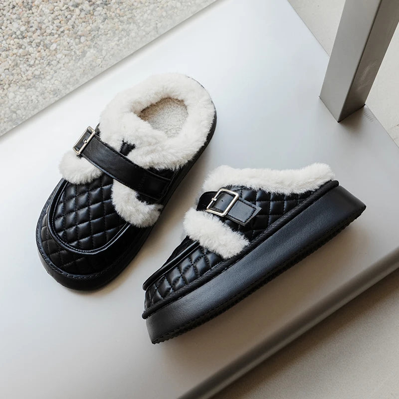 Plush Buckle Quilted Slides